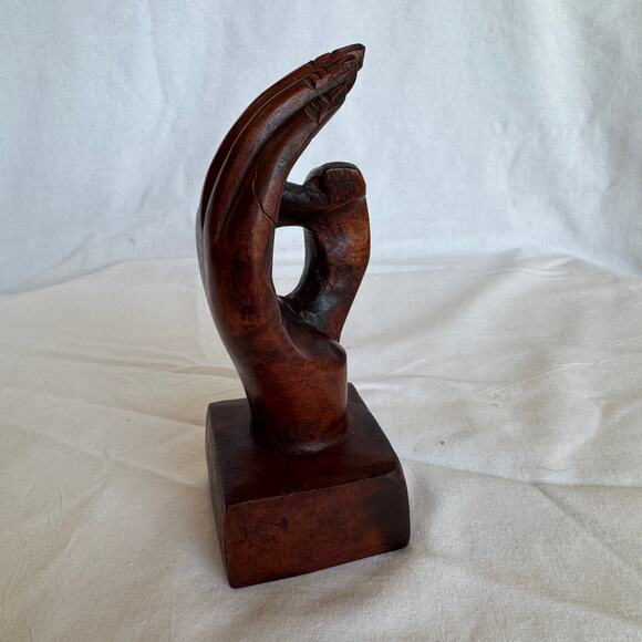 Vintage Walnut Sculpture Hand Symbol OK Gesture Quirky Art - Picture 3 of 9